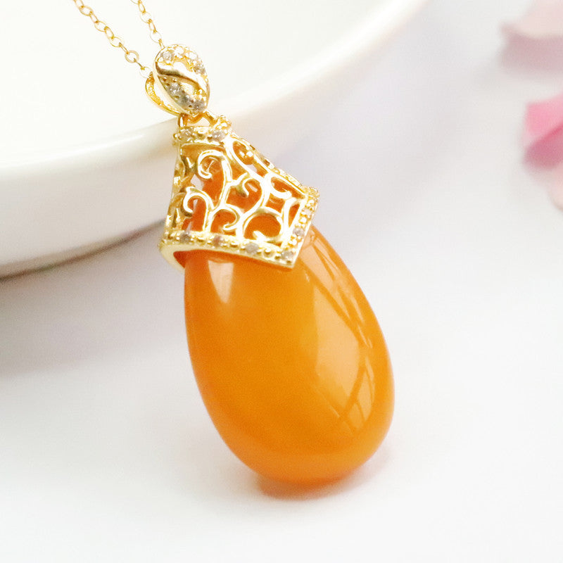 Golden Amber Beeswax Pendant Sterling Silver Necklace