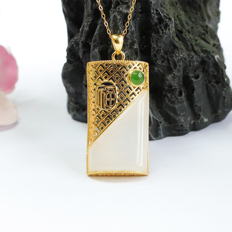 Silver Blessing Necklace with White Jade Hollow Pendant