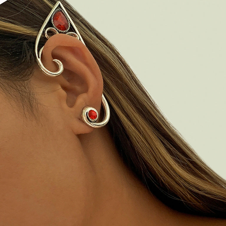 Red Gemstone Elf Ear Clip Halloween Earrings for Women from Vienna Verve Collection