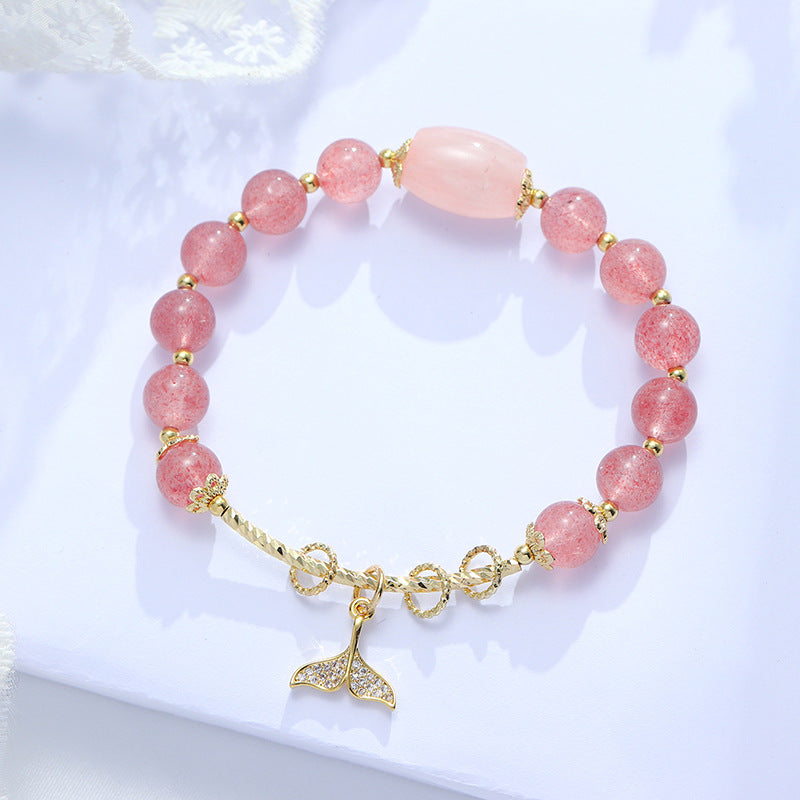 Whale Ripples Natural Strawberry Crystal Bracelet with Pink Crystal Bucket Bead Movement Hand Strand Jewelry