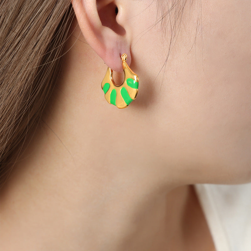 Golden Fan-shaped Enamel Earrings - Exquisite High-End Design for Stylish Women