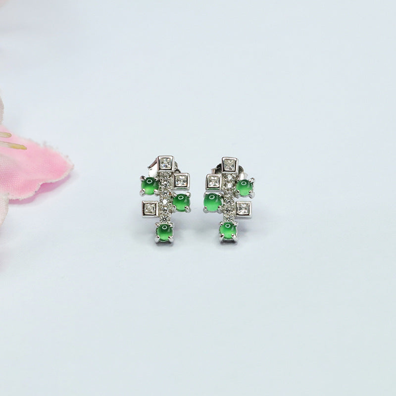 Elegant Ice Emperor Green Jade Sterling Silver Stud Earrings