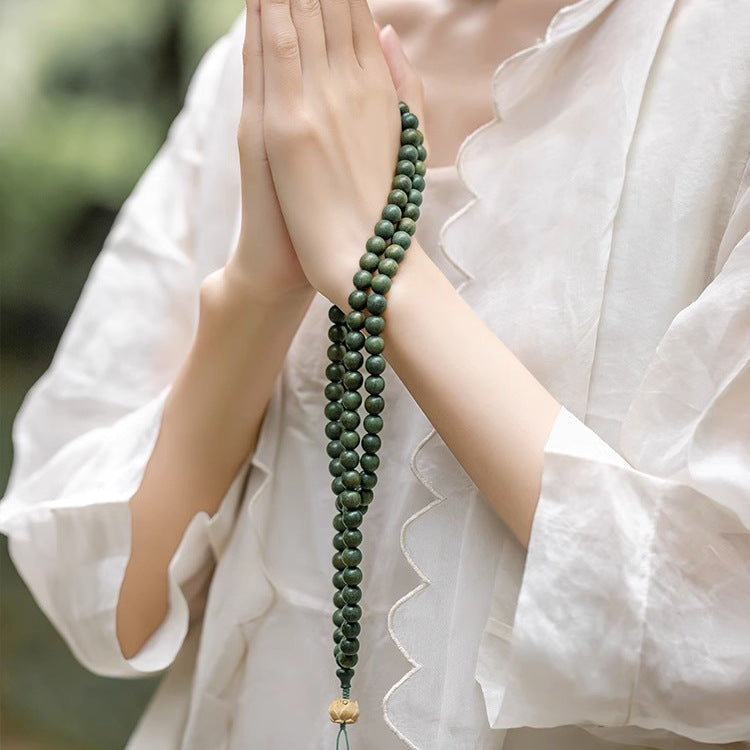 Sterling Silver Green Sandalwood Buddha Beads Bracelet Set