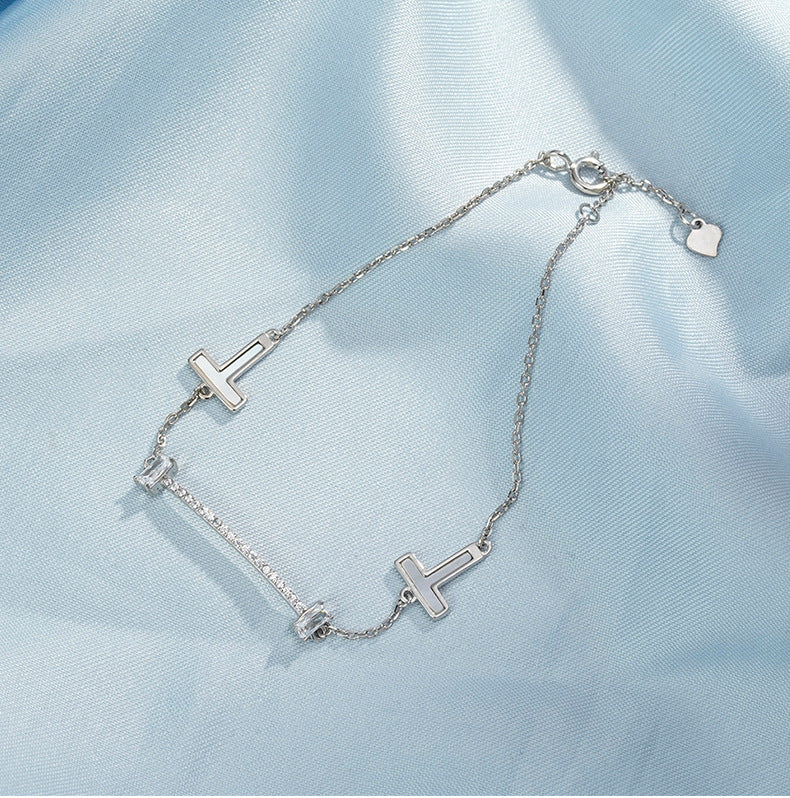White Mother of Pearl T Letter Zircon Silver Bracelet