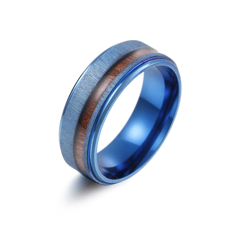 European Style Titanium Steel Ring with Wood Grain Detail - Men's Fashion Ring