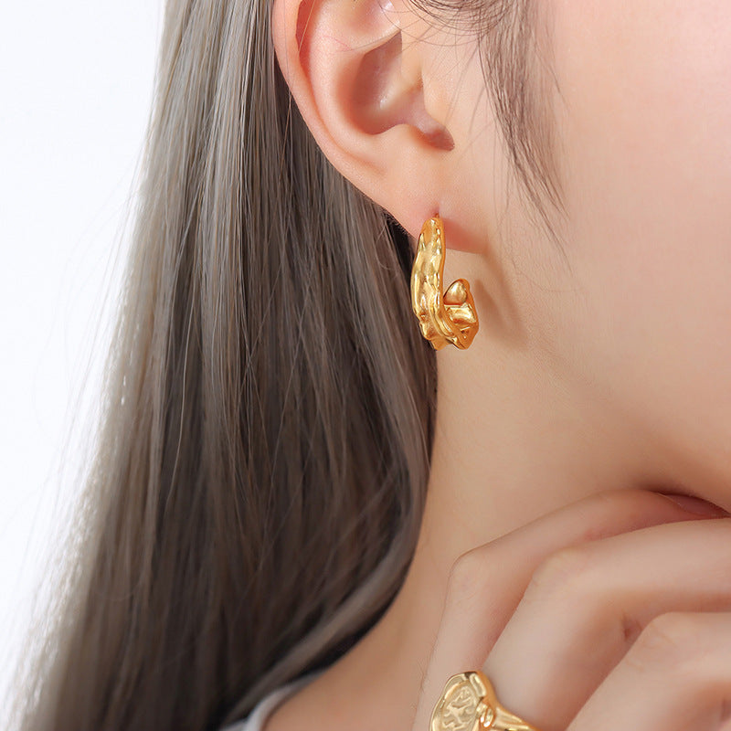 European and American Metallic Fashion Earrings with Unique Embossed Design & 18K Gold Plating