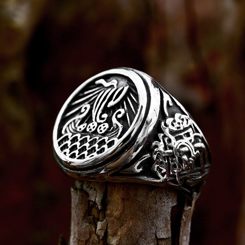 Titanium Steel Viking Ship Adventure Ring for Men