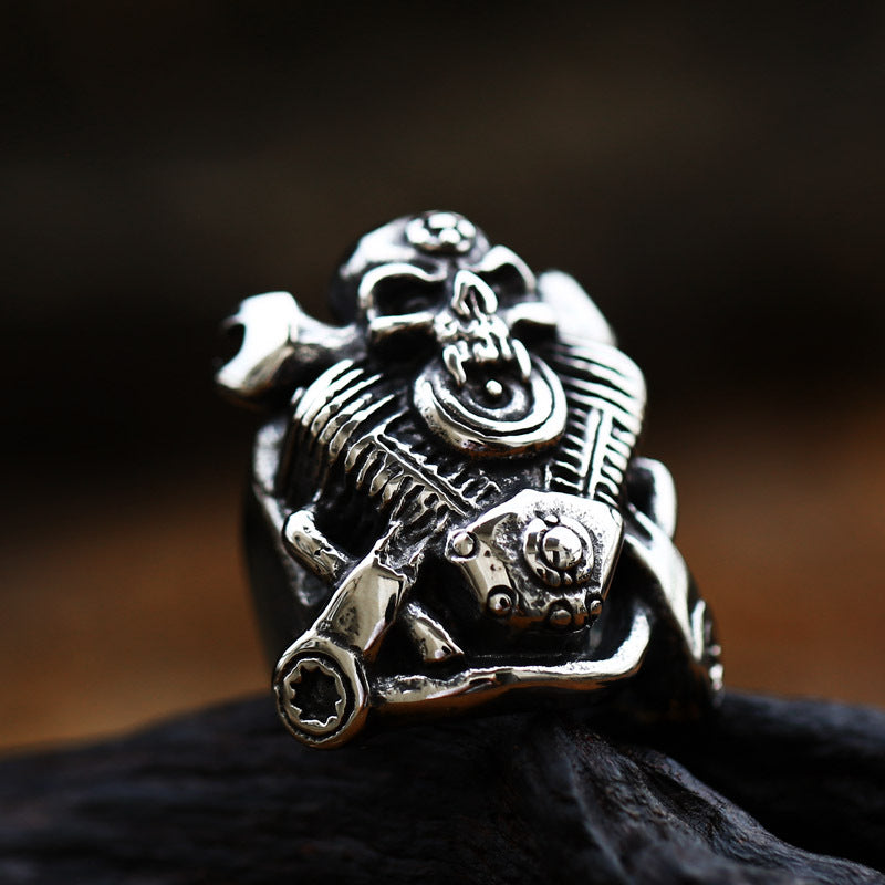 Retro Engine Wrench Skull Ring for Men - European and American Locomotive Style Stainless Steel in Titanium Steel