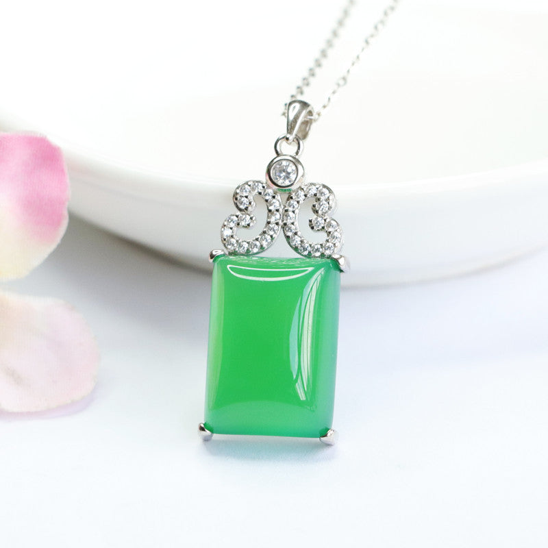 Silver Butterfly Necklace with Green Chalcedony Gem