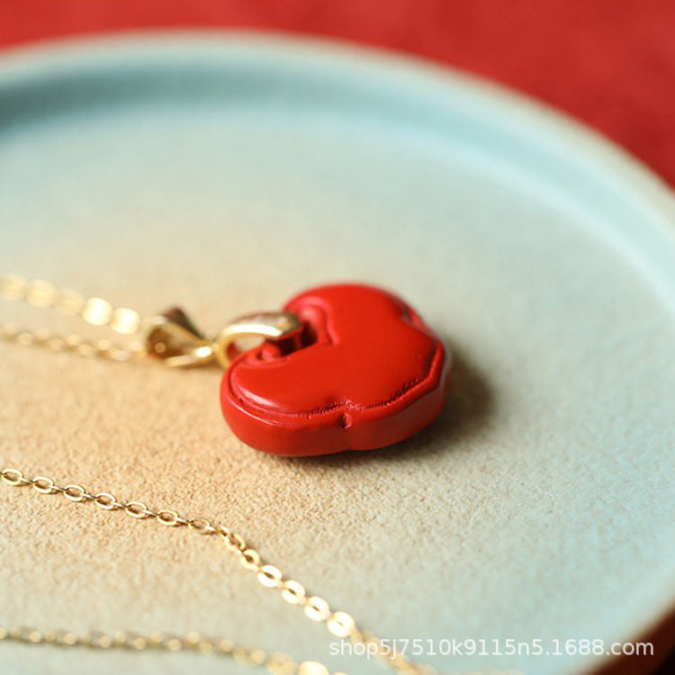 Vibrant Vermilion Sand Ruyi Pendant and Golden Necklace