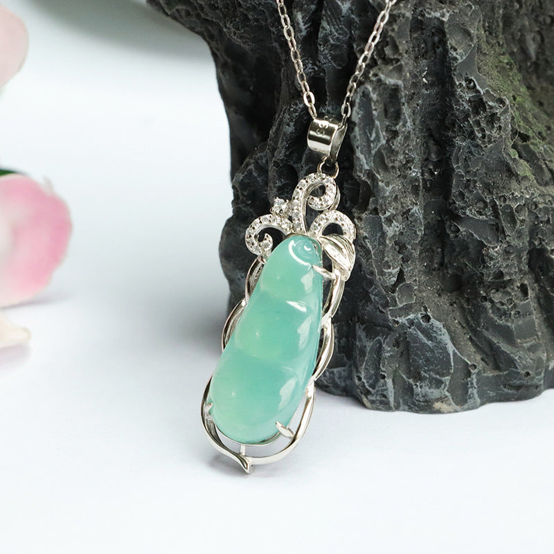 Green Bean Hollow Zircon Necklace with Ice Blue Green Jade in S925 Silver