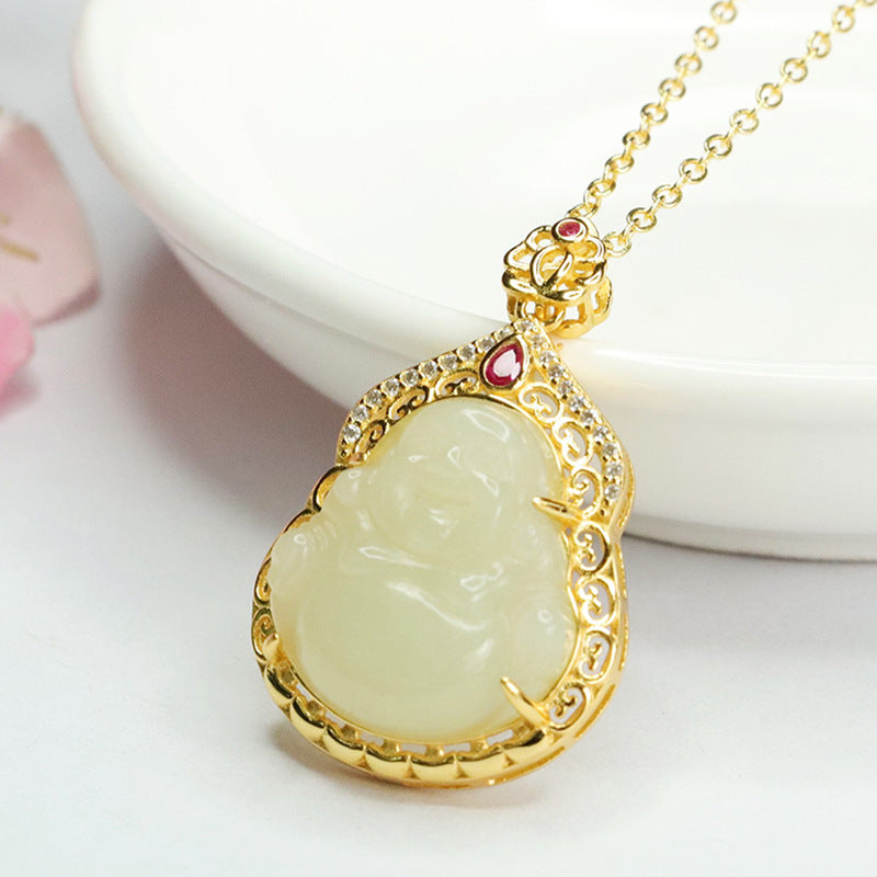 Sterling Silver Buddha Pendant with Natural Hetian Jade Necklace