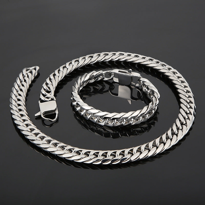 Trendy and Stylish European-American Hip-hop Double-woven Denim Chain, Titanium Steel Men's Bracelet and Necklace Combo