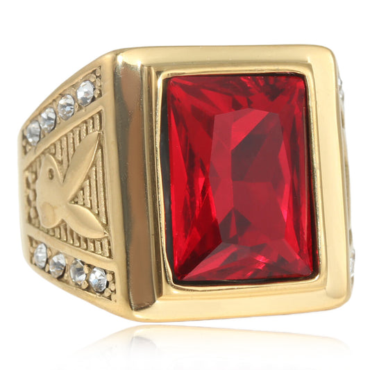 Titanium Steel Retro Square Red Stone Ring for Men - Trendy Accessories in European and American Style