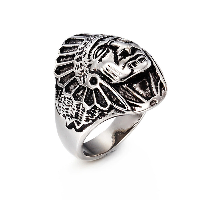 Punk Style Indian Chieftain Men's Titanium Steel Ring - European and American Retro Design