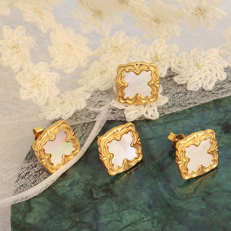 European and American Retro Style Square White Seashell Earrings