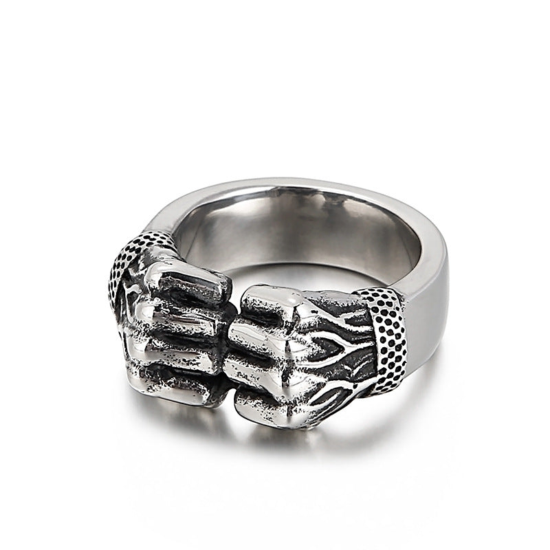 Retro-Inspired Titanium Steel Men's Ring - European and American Hip-Hop Style Double Fist Jewelry