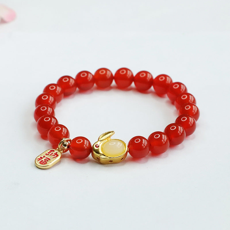 Red Agate and Jade Rabbit Bracelet by Planderful Collection