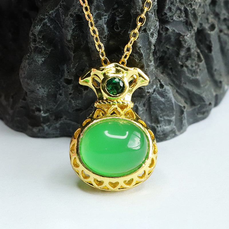 Hollow Money Bag Green Chalcedony Pendant Necklace