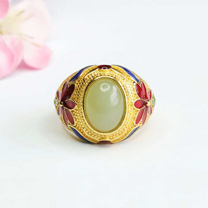 Vintage Floral Pattern Hetian Jade Ring