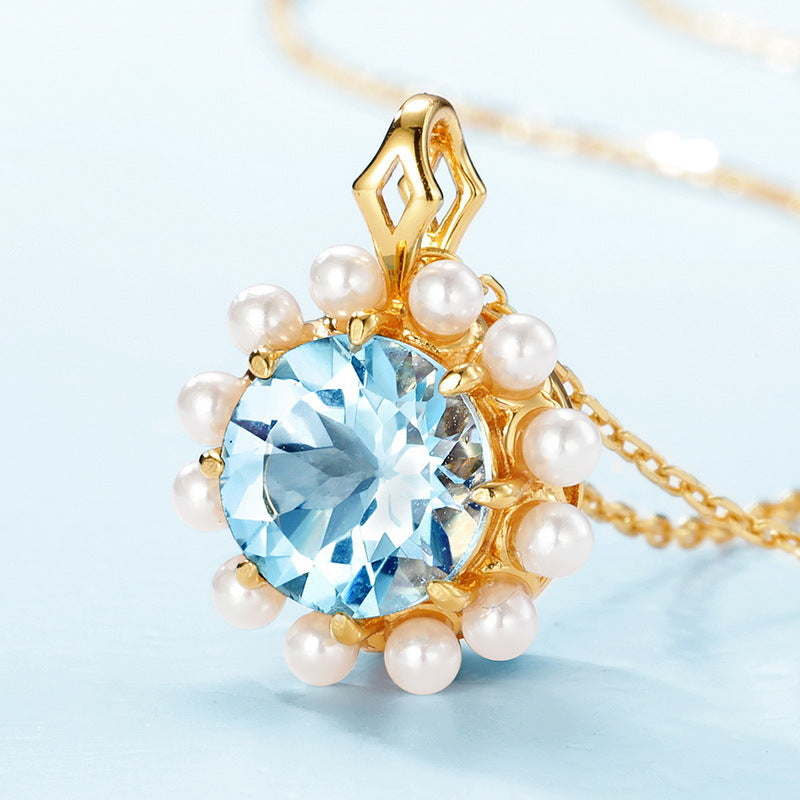 Round Sky Blue Topaz Pendant Pearl Sterling Silver Necklace