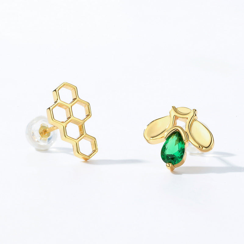 Green Zircon Bee Honeycomb Asymmetric Sterling Silver Stud Earrings