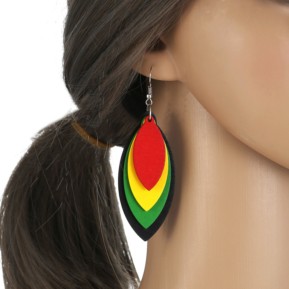 African Leaf Layered Wooden Earrings with Retro Style