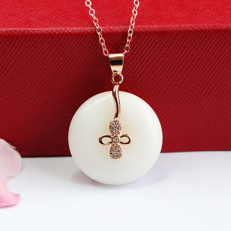 Four-leaf Clover Safety Buckle White Jade Necklace with Hotan Jade