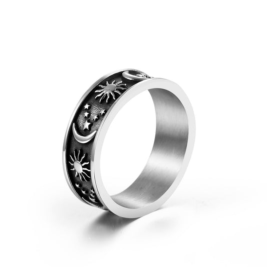 Personalized Retro Hip-Hop Stainless Steel Ring for Men with Star, Sun, and Moon Design