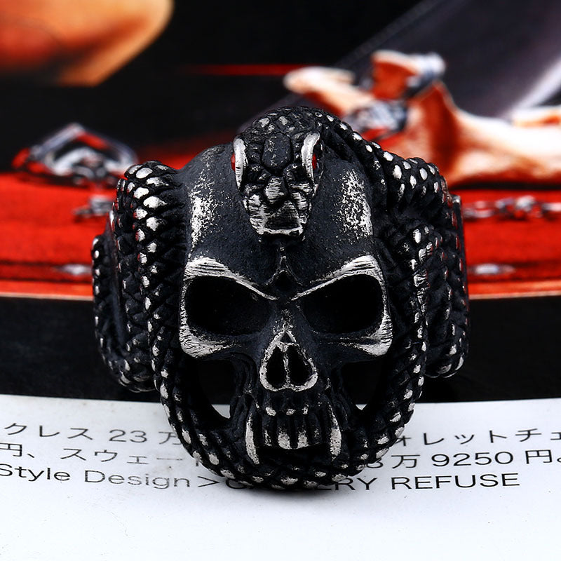 Wholesale Zircon-Studded Python Skull Ring in Stainless Steel for Men - European and American Alternative Titanium Steel Design