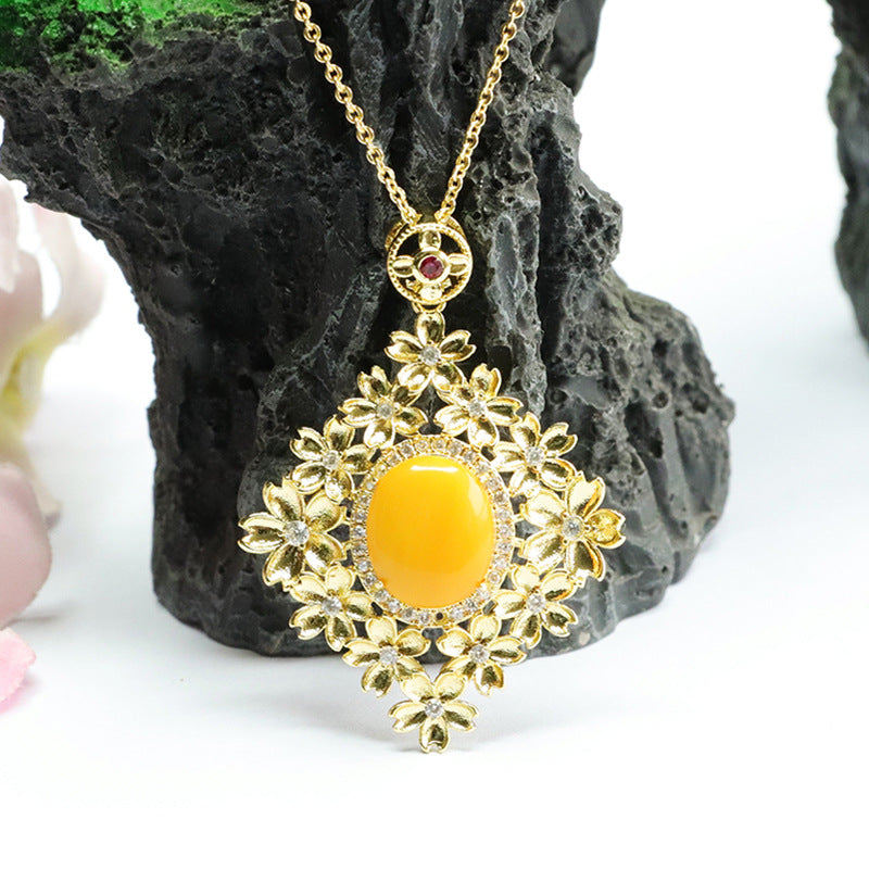 Floral Beeswax Amber Pendant Necklace with Sterling Silver Chain