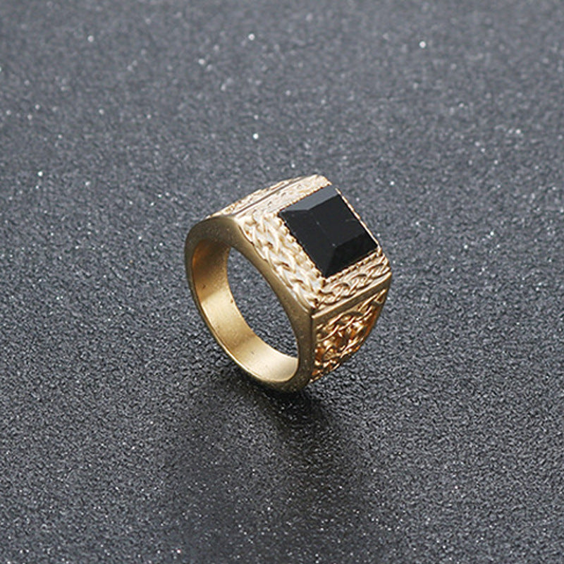 Stylish Men's Titanium Agate Rhombus Gold Ring - Unique Fashion Statement Jewelry