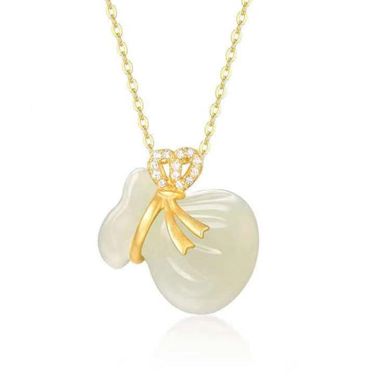 White Jade Lucky Money Bag Pendant Necklace with Zircon and Gold Accents