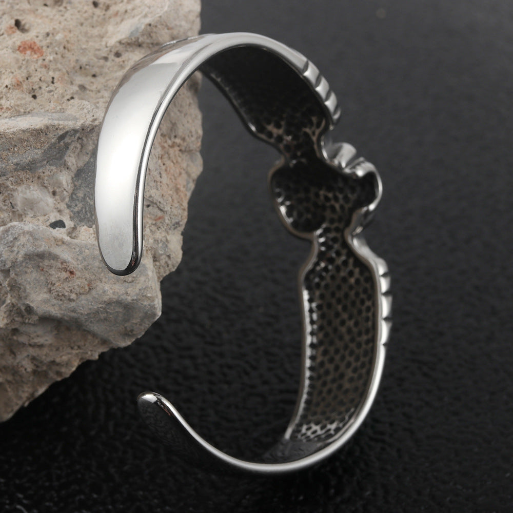 Titanium Steel Skull and Wing Open Bracelet for Trendy Men