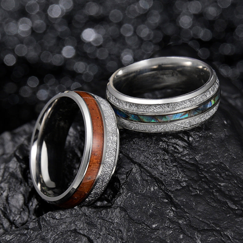 8MM Acacia Wood Inlaid Men's Ring with Abalone Shell - Size 7-12