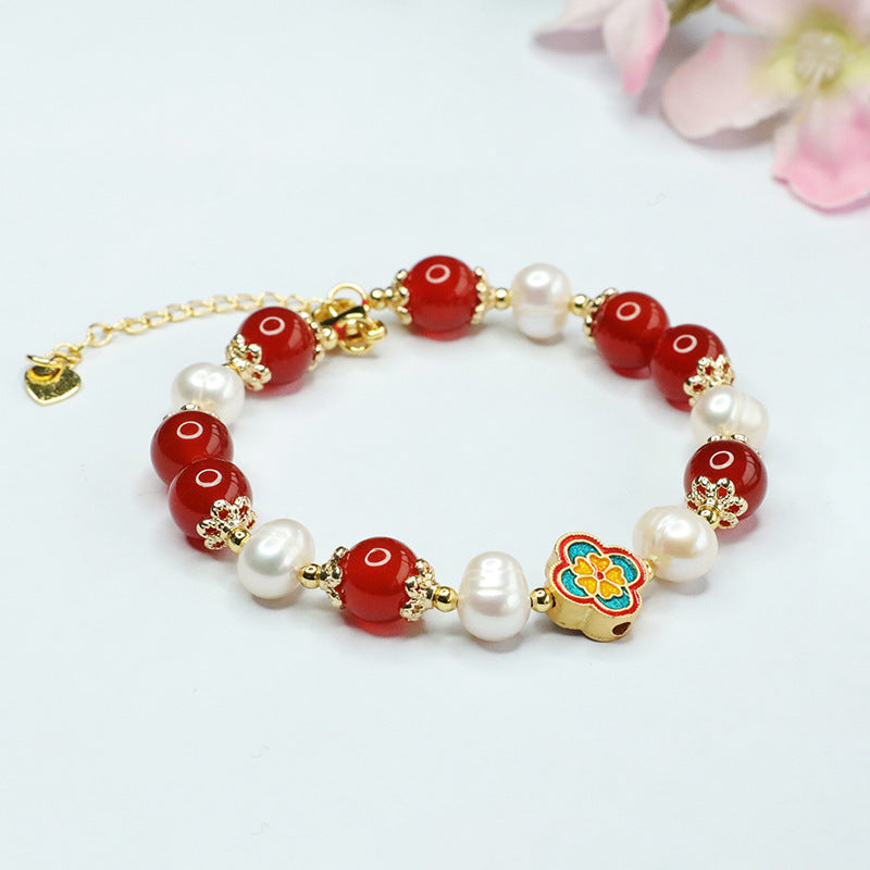 Fortune's Favor Sterling Silver Bracelet with Red Agate and Freshwater Pearl Clover Design