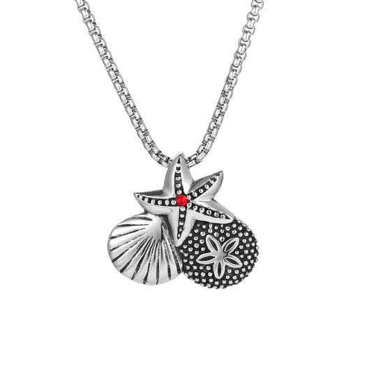 Planderful Retro Starfish and Shell Pendant Necklace in Titanium Steel for Men and Women