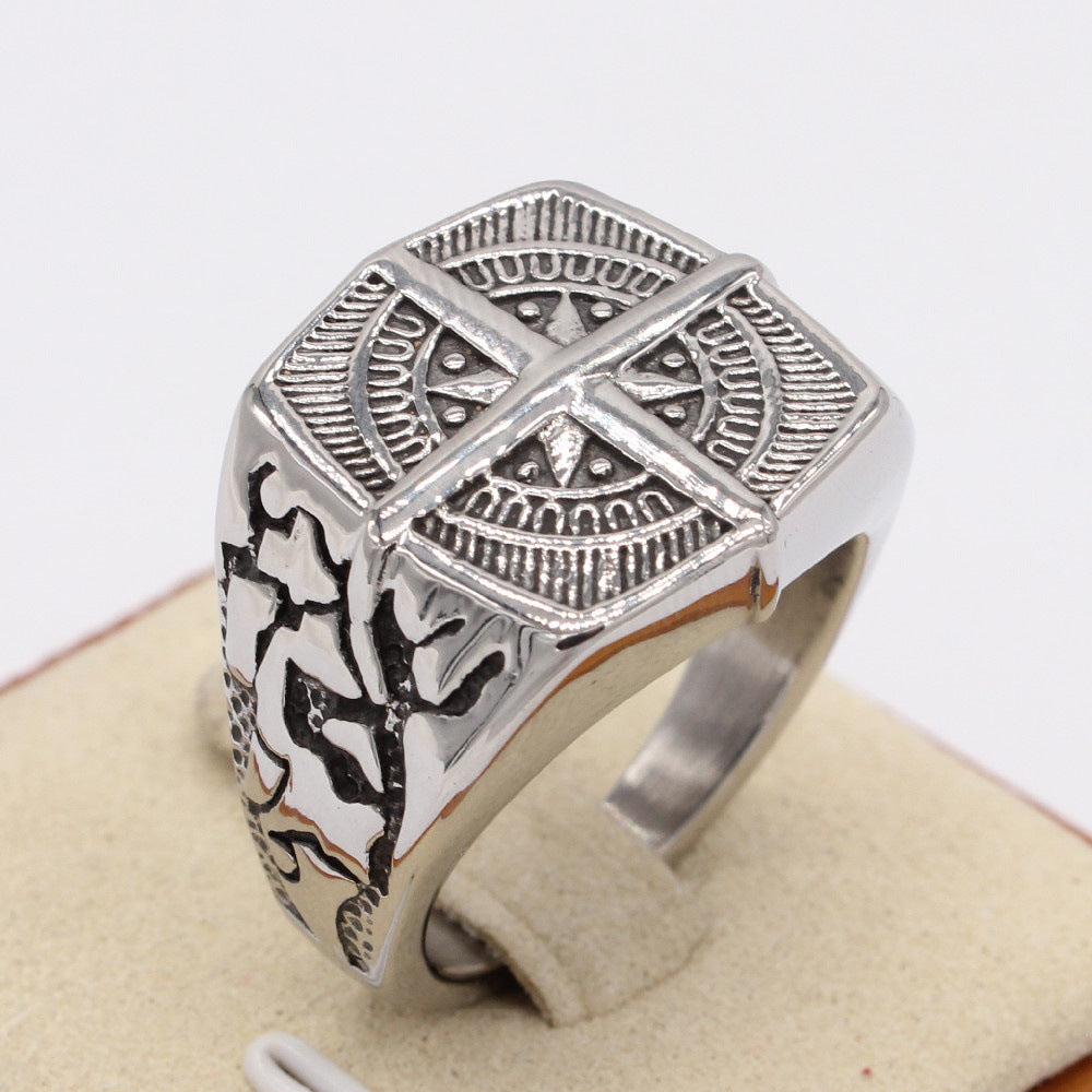 Greek Cross Compass Titanium Steel Ring for Men