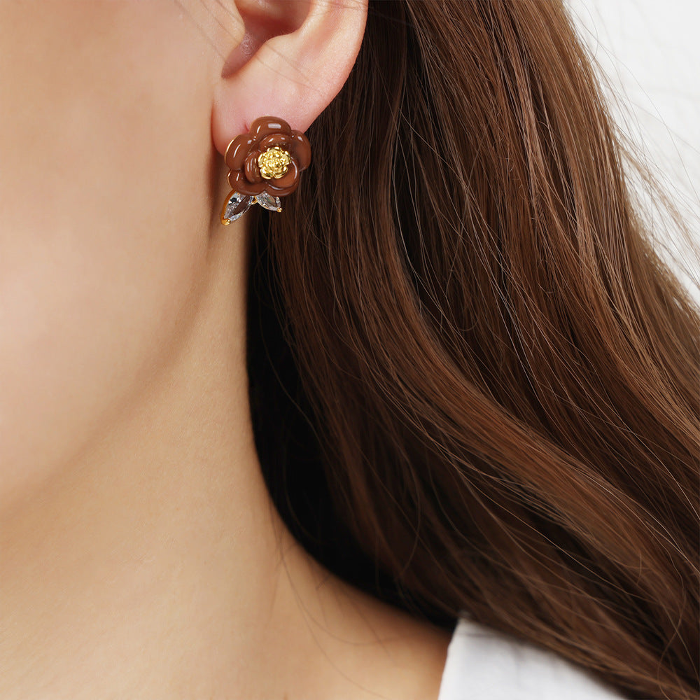 Copper and Zircon Enamel Rose Earrings for Women