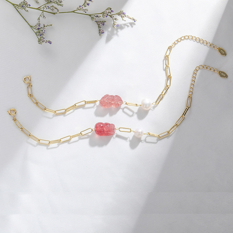 Crystal Pixiu Bracelet with Natural Strawberry and Pearl for Prosperity and Love