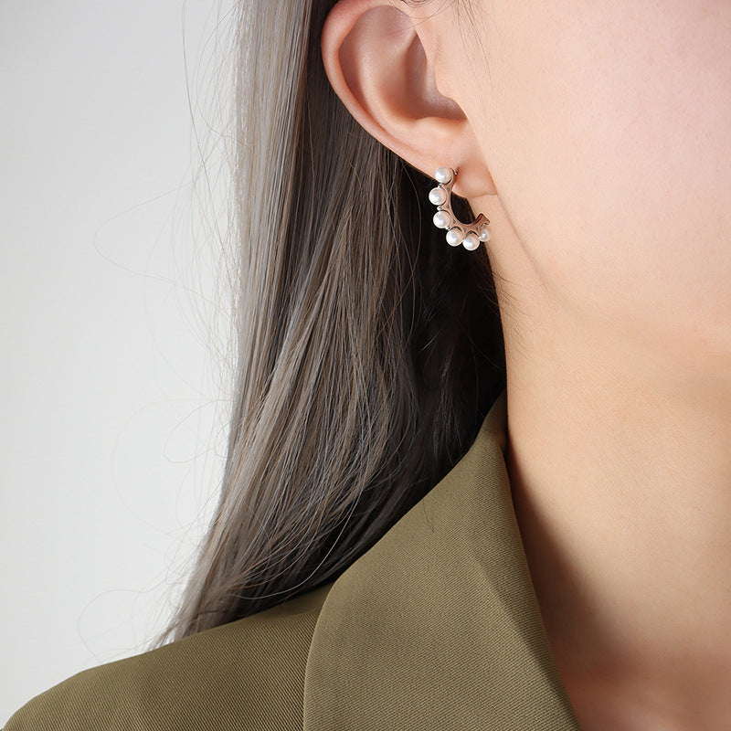 Elegant Titanium Gold-Plated Pearl Earrings by Planderful Collection