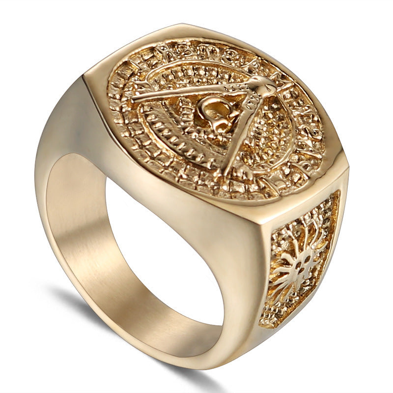 Freemasonry-Inspired Retro Gold Titanium Steel Ring for Modern Men