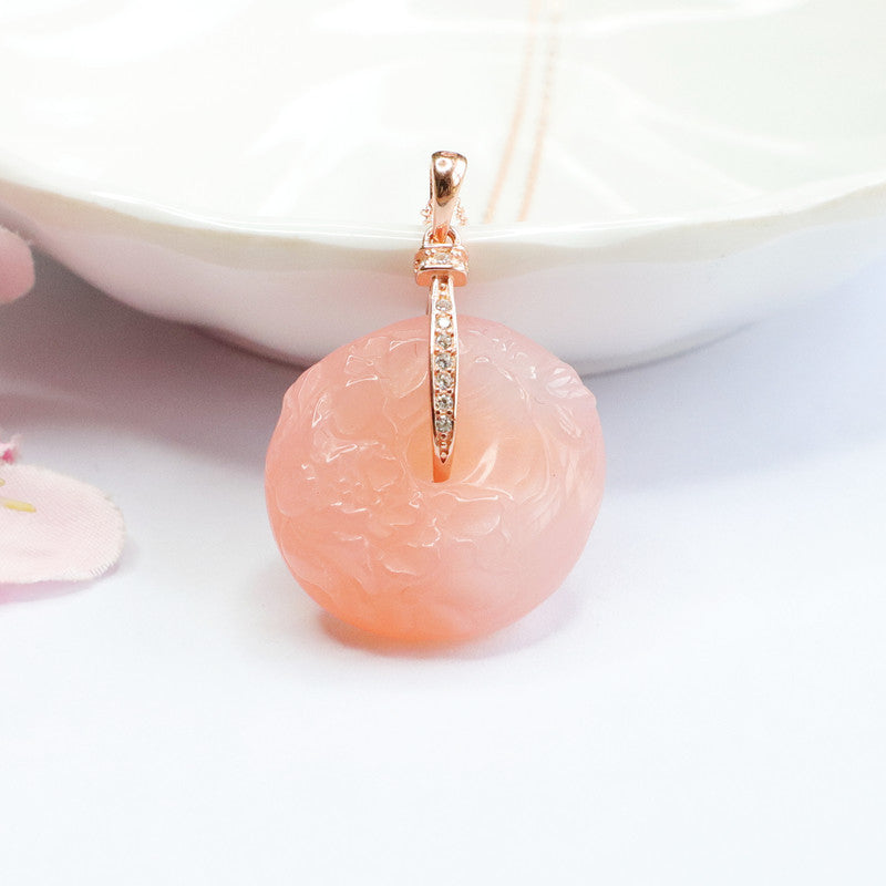 Sterling Silver Peony Agate Pendant Necklace in Rose Gold