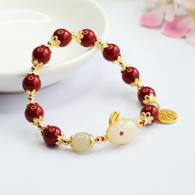 Rabbit Jade and Cinnabar Sterling Silver Blessing Bracelet