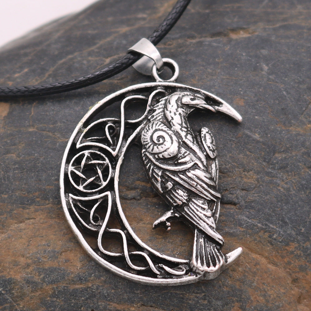 Viking Crow Necklace with Moon Alloy Pendants for Men