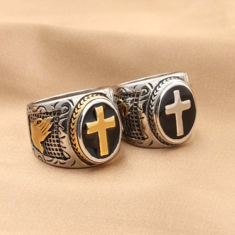 Trendy Retro Titanium Steel Cross Ring for Men - Stylish Black Epoxy Accessory