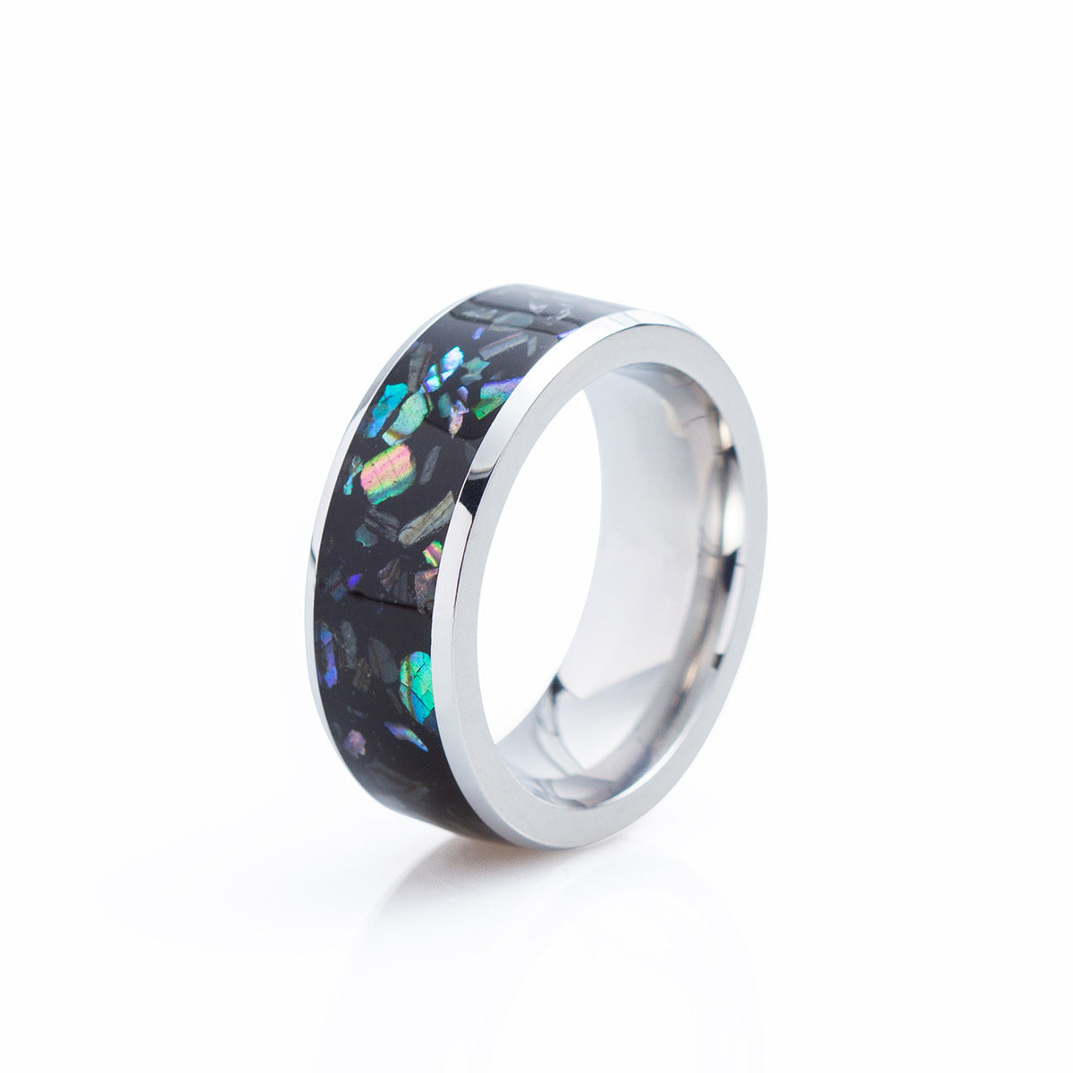 European & American Abalone Shell Titanium Steel Ring for Men - 8mm Shell Inlay