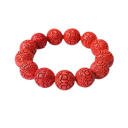 Retro Men's Cinnabar Stone Bead Bracelet with Sterling Silver Accents