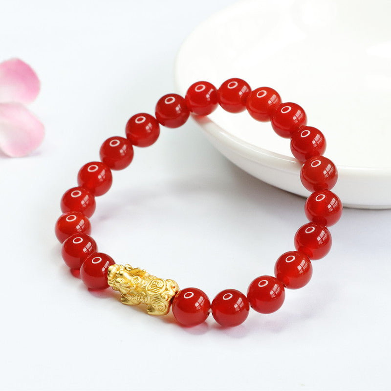 Golden Pixiu Sterling Silver Red Agate Bracelet - Fortune's Favor