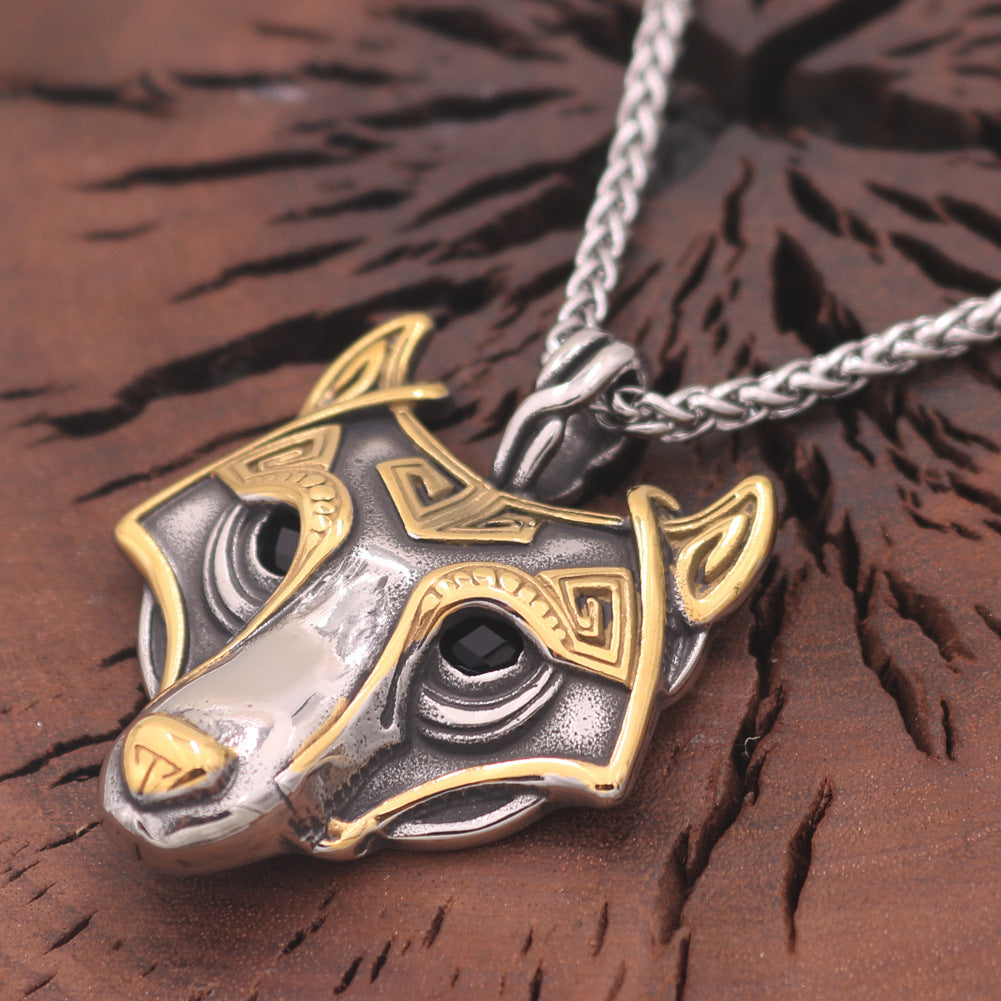 Viking Odin Wolf Head Titanium Steel Pendant Necklace for Men